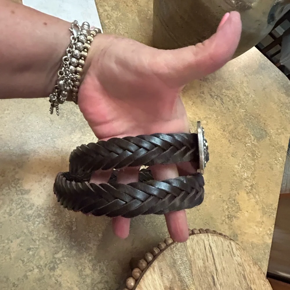 Western Italian Brown Braided Leather Belt with Silver Buckle(Unisex)